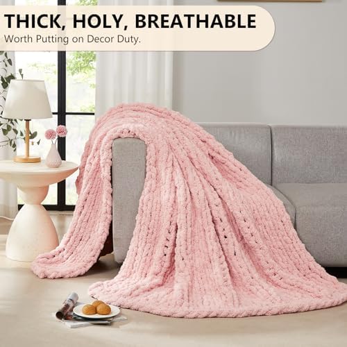 L'AGRATY Chunky Knit Throw Blanket for Couch, 72'' x 84'' Knit Throw, Pink - Image 4