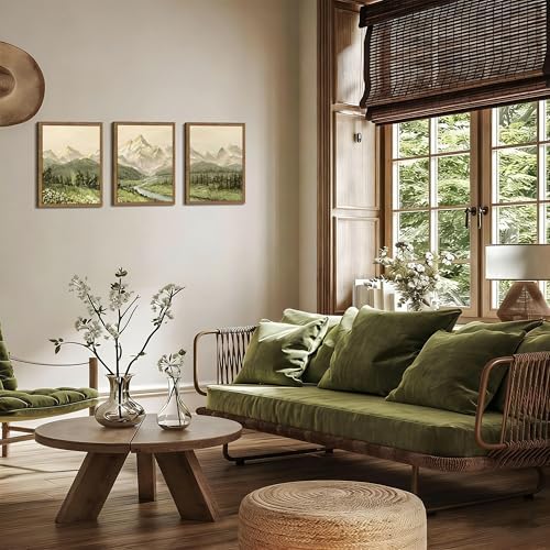 Framed Mountain Wall Art for Living Room, Green Nature Landscape Canvas Wall Decor Set of 3, Vintage Forest Rustic Farmhouse Prints Pictures Paintings for Office Bedroom 12x16 Inch - Image 6