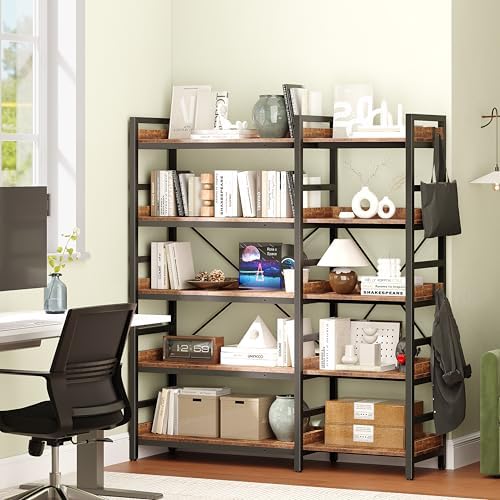 HCHQHS Adjustable Book Shelf with 8 Hooks, Reversible Corner Bookshelf, Industrial Wooden and Metal Bookcase for Living Room, Bedroom, Home Office (Rustic Brown, 5 Tier) - Image 7
