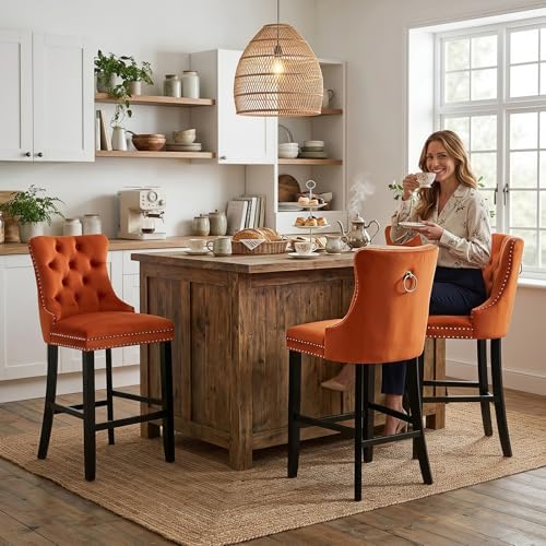 SoarFlash Modern Velvet Upholstered Bar Stools Set of 4 with Wood Legs, Button Tufted,Chrome Nailhead, Counterstool Seat, Armless Bar Chairs (Orange) - Image 3
