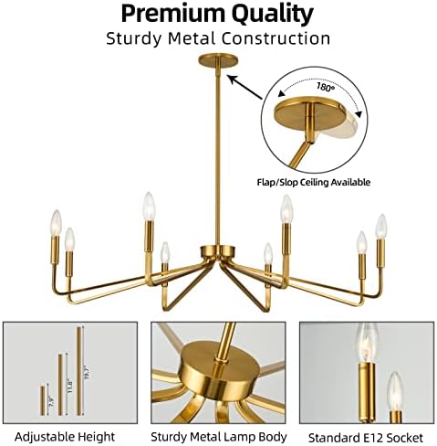 8-Light 38" Brass Modern Candle Chandelier for Dining Living Room - Image 4