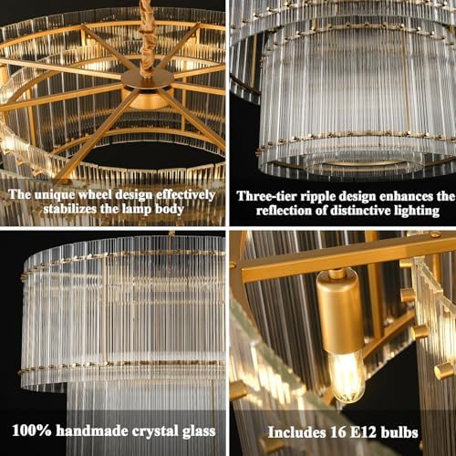3-Tier Modern Gold Round Chandelier, 37" Water Ripple Crystal Glass Chandeliers for High Ceiling,16-Lights Luxury Adjustable Hanging Chandelier for Living Room, Foyer, Staircase, Dining Room, - Image 4