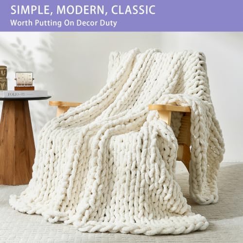 Bigacogo Chunky Knit Throw Blanket for Couch, 60x80 inches, Vintage White - Image 3