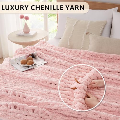 L'AGRATY Chunky Knit Throw Blanket for Couch, 72'' x 84'' Knit Throw, Pink - Image 3