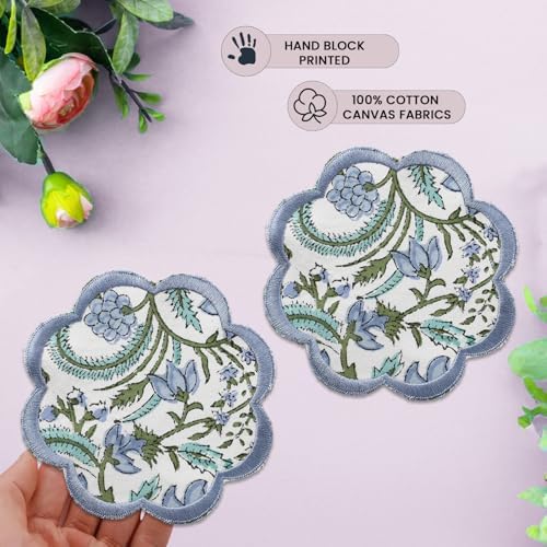Ridhi 8-Pcs 100% Cotton Hand Block Print Drink Coasters 5" in Columbia Blue - Image 6
