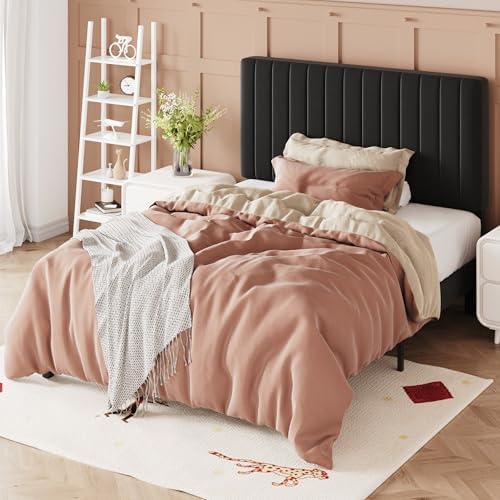 Allewie Twin Bed Frame, Velvet Upholstered Platform Bed with Adjustable Vertical Channel Tufted Headboard, Mattress Foundation with Strong Wooden Slats, Box Spring Optional, Easy Assembly, Black - Image 4