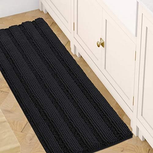 H.VERSAILTEX Bath Rugs for Bathroom Non Slip Bath Mats Extra Thick Chenille Striped Bath Rug Runners 47" x 17" Absorbent Fluffy Soft Shaggy Mats Dry Fast Plush Area Carpet for Bath Room - Black by HVERSAILTEX