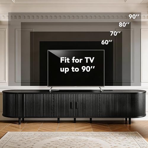 MXV 80" TV Stand with Sliding Doors for Living Room, Mid Century Modern Entertainment Center, TV Console with Fluted Door Cabinets and Power Outlet, Black - Image 7