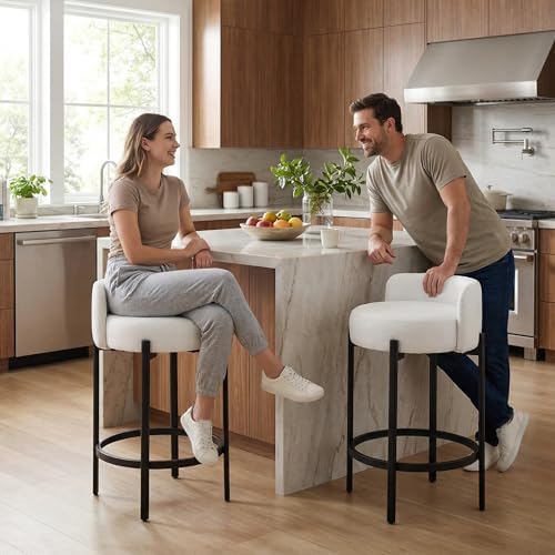 LukeAlon Modern PU Leather Counter Stools Set of 2, Upholstered 26" Seat Height Barstools with Black Metal Legs Round Low Back Kitchen Stools with Footrest for Dining Room Small Places, Cream White by LukeAlon