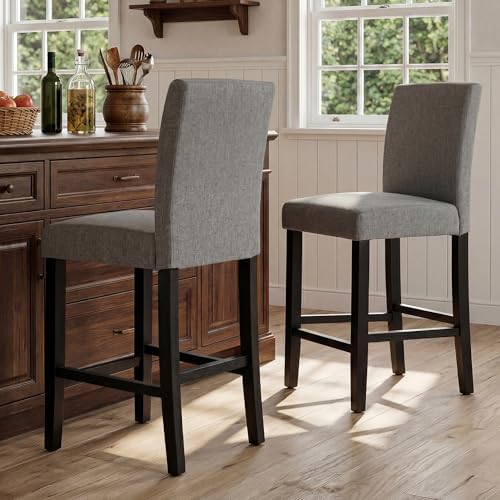 GOTMINSI Counter Height Bar Stool, Classic Upholstered 24 Inches Counter Height Stools Set of 2 barstools with Solid Wood Legs and Grey Fabric by GOTMINSI
