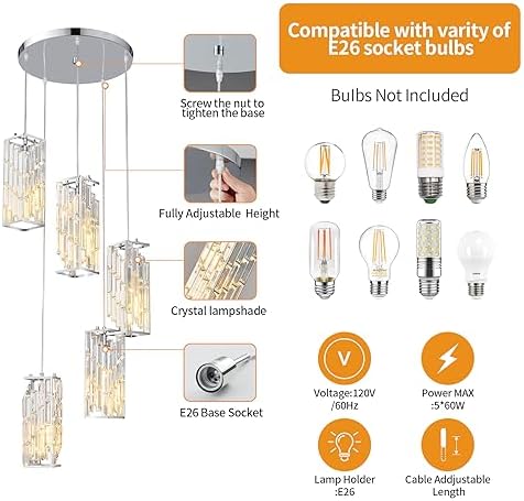 Chrome Pendant Lighting Modern Pendant Light, Mini Crystal Chandeliers,Adjustable Pendant Light Fixture for Kitchen Island Dinning Room Bedroom (5 Light) - Image 3