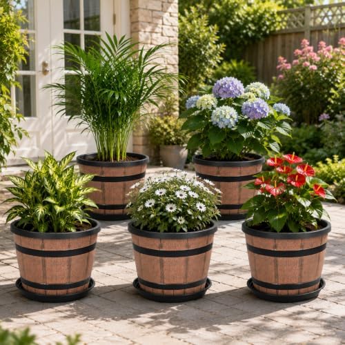 14 Inch Whiskey Barrel Planters with Drainage Holes & Saucer, 5 Pack Plastic Plant Pots with Wine Barrel Design, Flower Pots for Indoor Outdoor Balcony - Image 5
