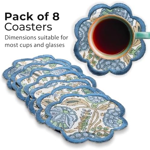 Ridhi 8-Pcs 100% Cotton Hand Block Print Drink Coasters 5" in Asparagus Green - Image 2