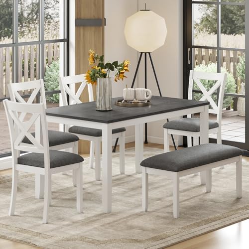 Zevemomo 6-Piece Solid Wood Dining Table Set, Wooden Legs Dinner Set, White by Zevemomo