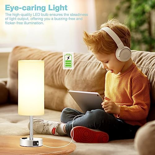 Fenmzee White Bedside Lamp for Bedroom, Dimmable Touch, USB A+C, AC Outlet - Image 4