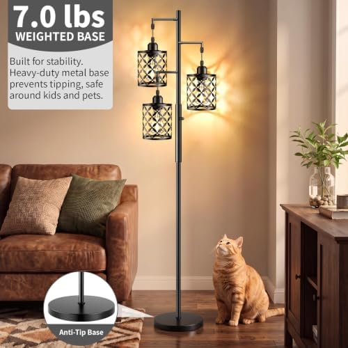 72" Industrial Tree Floor Lamp, Dimmable Farmhouse Tall Standing Lamp with Quatrefoil Cutout Shades & Rotary Dimmer, Corner Lighting for Living Room Bedroom, 3 x 800LM Bulbs Included -Black - Image 6