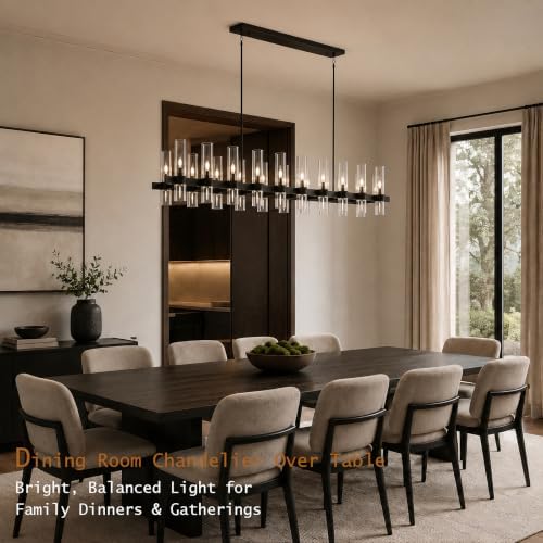 Black Linear Chandeliers for Dining Room, 68" Rectangle Chandelier with Glass, 20-Light Dining Room Chandeliers Over Table, Bronze Chandelier for Kitchen Island, Modern Pendant Light(Bulbs Included) - Image 2