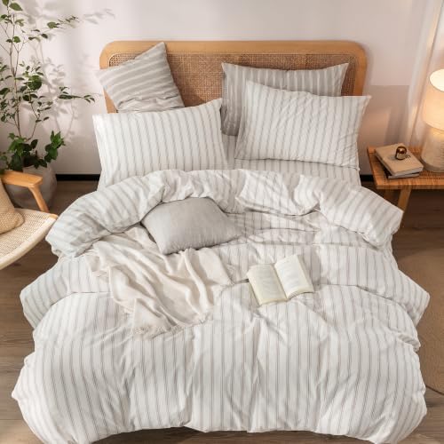 BESTOUCH Striped Cotton Duvet Cover Set Linen Feel Queen - Image 3