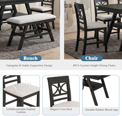 Heavy Solid Wood 6-Piece Counter Height Dining Table Set, Farmhouse Rustic Kitchen Dining Room Table Set with Padded 4 Chairs and Bench, 60 In Triangular Table with Storage Shelf (Espresso-T) - Image 5
