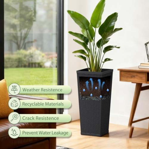 30 Inch Tall Plastic Planters(Set of 2) with Drainage Holes, Black - Image 6