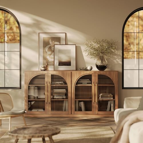 BELLEZE 65" Arched Sideboard with Glass Door, Accent Buffet Cabinet with Storage and Adjustable Shelves, Classic Modern Large Console Table for Dining Room Living Room Entryway (Camel) by BELLEZE