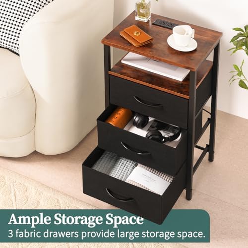 Yoobure Night Stand with Charging Station, 3 Fabric Drawers Nightstand, Bedside Tables with Storage Shelf, End Table with 16 Colors LED, Small Dresser for Small Space, Black Brown - Image 5