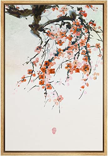NWT Framed Canvas Print Wall Art Japanese Style Cherry Blossoms on Tree Branch Floral Plants Illustrations Modern Art Rustic Scenic Colorful Pastel for Living Room, Bedroom, Office - 16"x24" Natural by NWT