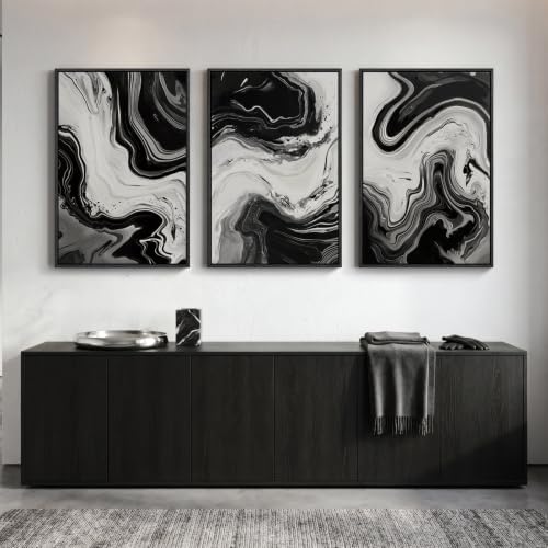 Large Framed Black and White Modern Abstract Wall Art Set of 3, 24x36 In - Image 4