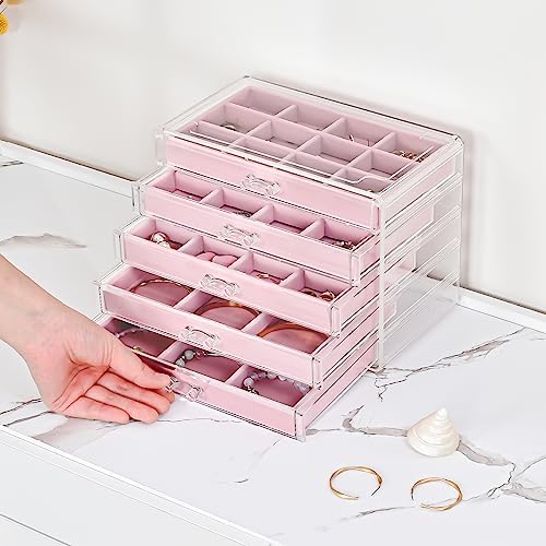 ProCase Earring Holder Organizer Jewelry Box with 5 Drawers, Pink - Image 3