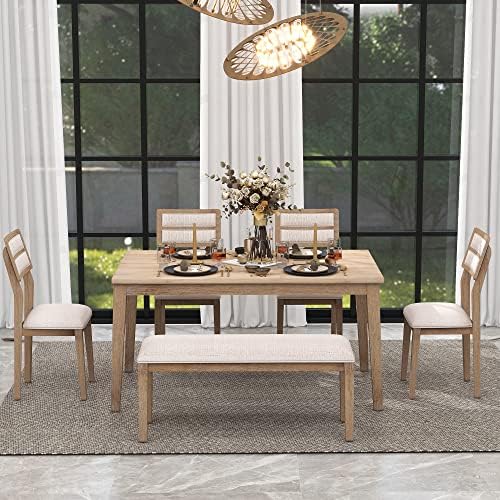 Merax 6-Piece Solid Wood Dining Table Set, Farmhouse Kitchen Table with Bench, 4 Upholstered Chairs, Rustic Dining Room Set for Kitchen, Dining Room, Living Room- Natural Wood Wash - Image 3
