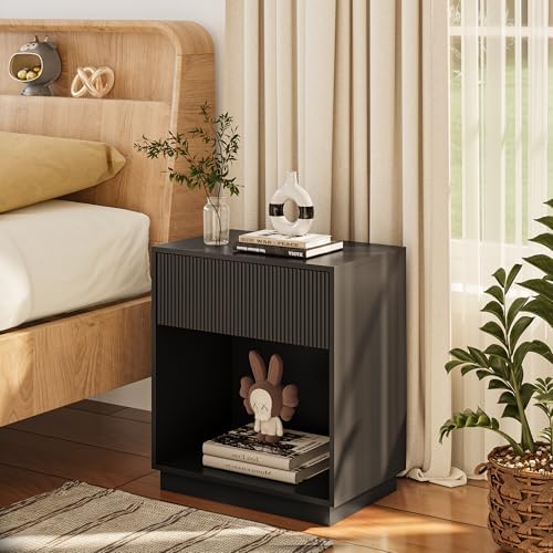 Fluted Nightstands Set of 2, Modern Bedside Table with Storage Drawer and Open Wood Shelf, Wood End Table Mid Century Night Stands for Bedroom Living Room Sofa Couch Office (Black) - Image 2