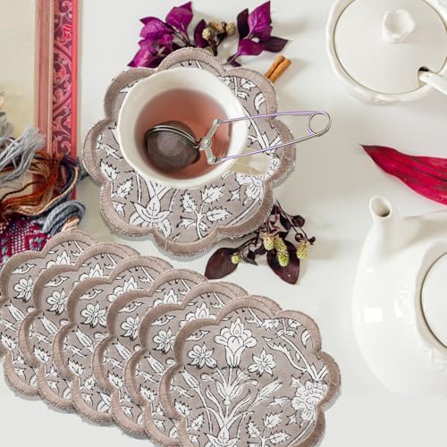 Ridhi 8-Pcs 100% Cotton Hand Block Print Drink Coasters 5" in Taupe by Ridhi