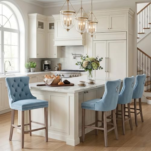 SoarFlash Modern Velvet Upholstered Bar Stools Set of 4 with Wood Legs, Button Tufted,Chrome Nailhead, Counterstool Seat, Armless Bar Chairs (Sky-Blue) by SoarFlash