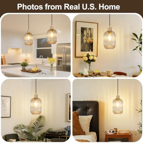 2 Pack Pendant Lights with Vintage Amber Ribbed Glass Lampshade, Adjustable Black and Gold Pendant Lights Fixtures for Kitchen Island Lighting Sink, Dining & Living Room Hallway (Bulbs Not Included) - Image 4