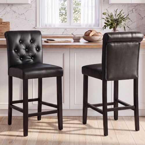 LSSBOUGHT 24 Inches Leather Counter Height Stools Set of 2 with Solid Wood Legs Bar Chairs for Kitchen lsland & Dining Room(Black,2PCS) by LSSBOUGHT