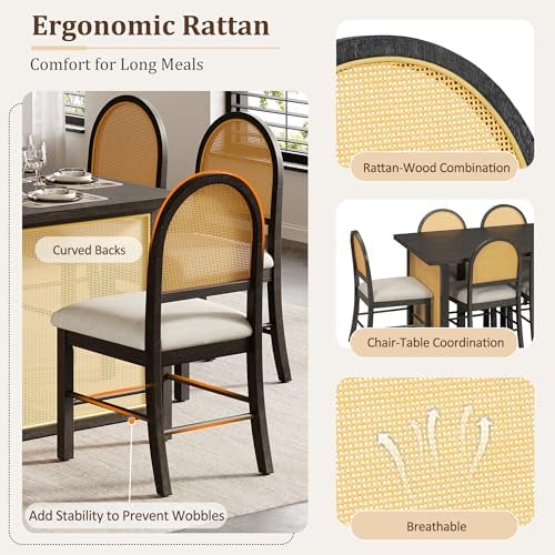 VilroCaz Farmhouse 7-Piece Dining Table Set for 6-59.8" Rectangular Dining Table with Distressed Oak Veneer and 6 Upholstered Chairs, Rattan-Wood Combination for Kitchen Dining Room (Espresso-9.26) - Image 6