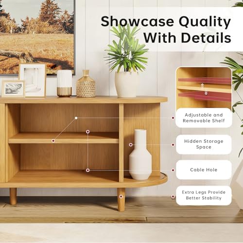 58" Mid Century Modern TV Stand, Wood TV Consoles with Sliding Doors and Power Outlet, Entertainment Center with Adjustable Shelves, Fluted TV Stands for Living Room, Oak - Image 6
