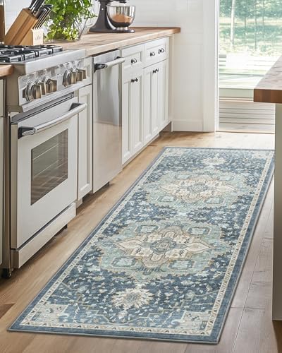 Amada 2x5 Washable Runner Rug for Kitchen, Blue/Yellow, Vintage Pattern - Image 3