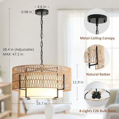 4-Light Boho Chandelier for Dining Room, 19.7" Rattan Pendant Light - Image 2