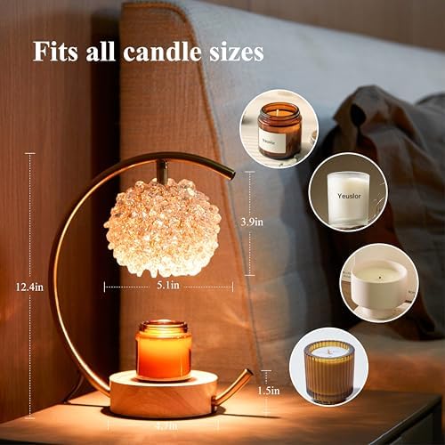 Yeuslor Gold Candle Warmer Lamp for Jar Candles with Adjustable Brightness＆Timer，Handcrafted Crystal＆Wooden Base, Luxurious Design,Home Decoration Electric Candle lamp(C-Shaped) - Image 3