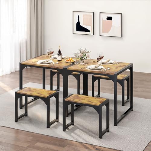 Gizoon Square Dining Table Set for 2, Kitchen Table with 2 Benches Retro - Image 5