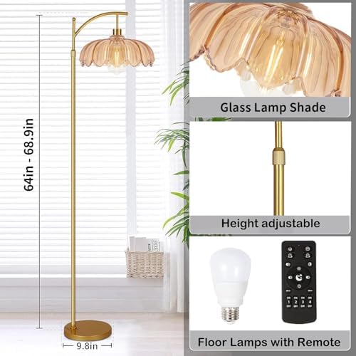 ILLMTW Gold Floor Lamp for Living Room,Bedroom,Mid Century Modern Standing Lamp with Remote,Dimmable Brass Tall Lamp Amber Glass Vintage Retro Arc Floor Lamps Flower Floor Light Boho Bohemian - Image 5