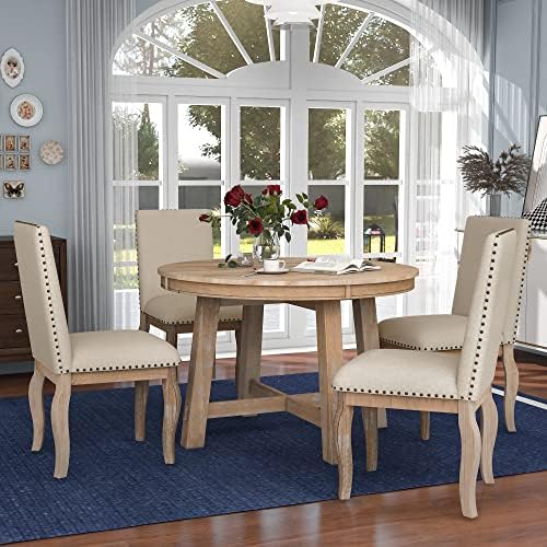 Harper & Bright Designs Round Kitchen Dining Table Set for 4, 5 Piece Farmhouse Wood Round Extendable Dining Table and 4 Upholstered Dining Chairs, Natural Wood Wash - Image 6