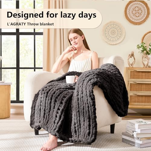 L'AGRATY Chunky Knit Throw Blanket for Couch, 40 x 50 Inches, Dark Grey - Image 2