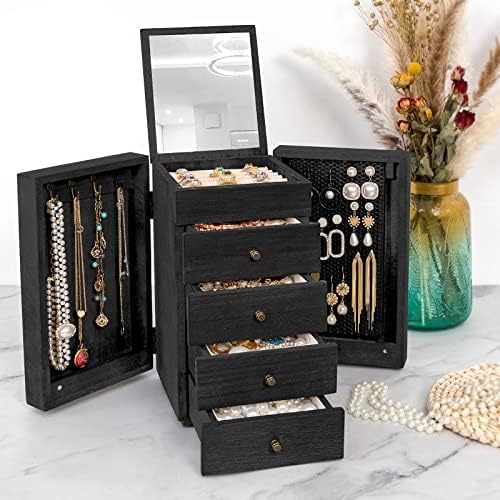 Meangood Jewelry Box Wood for Women, 5-Layer Large Organizer Box with Mirror & 4 Drawers for Rings, Earrings, Necklaces, Black - Image 7