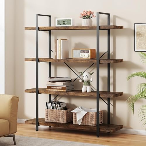 Heavy Duty 4 Tier Industrial Bookcase for Home Office, Rustic Brown by OtterOasis