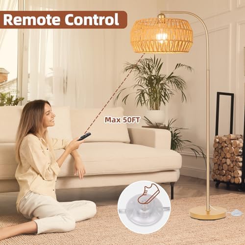 Brilvibera Boho Gold Farmhouse Floor Lamp- Rattan Lamp with Remote and Bulb - Image 3