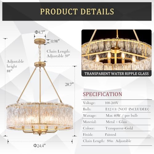 CATINER Modern 24.4" Crystal Glass Chandelier 8-Light Gold Chandeliers - Image 3