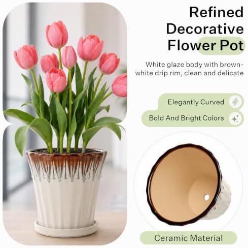 8.3 Inch Ceramic Planters with Drainage Hole and Saucer,Indoor Outdoor Large Flower Pots, Garden Pot for Plant Lovers (Drip White) - Image 3