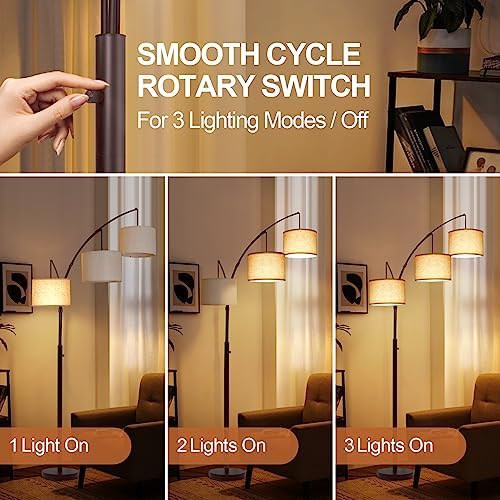 OUTON Tall Arc Floor Lamp - Adjustable, Modern, 3-Light Arched Lamp for Bedroom, Office, and Living Room, 2400lm Mid Century Design with 3 Energy-Efficient LED Bulbs Included, Beige Lampshade - Image 4